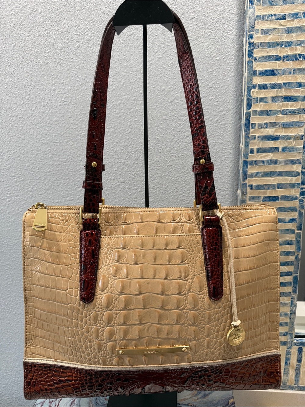 Brahmin Anywhere Leather Tote Vanilla and Pecan Croc-Embossed Leather